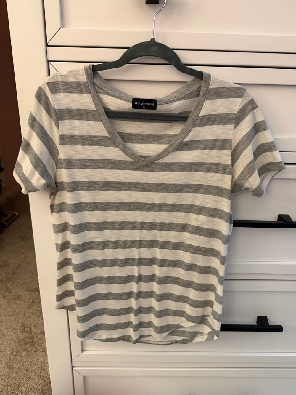 Womens Striped V-Neck Tee - White & Gray - Worthwhile